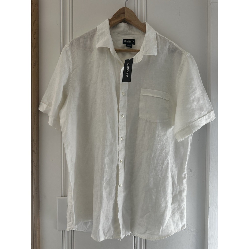 Claiborne Slim Fit Linen Shirt Mens Large White Short Sleeve Button Up